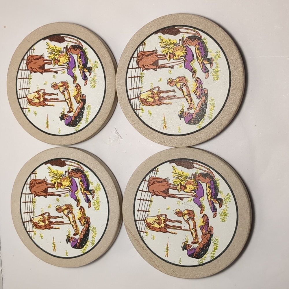 Set of 4 stone like western, cowboys, horses, ranch drink coasters.